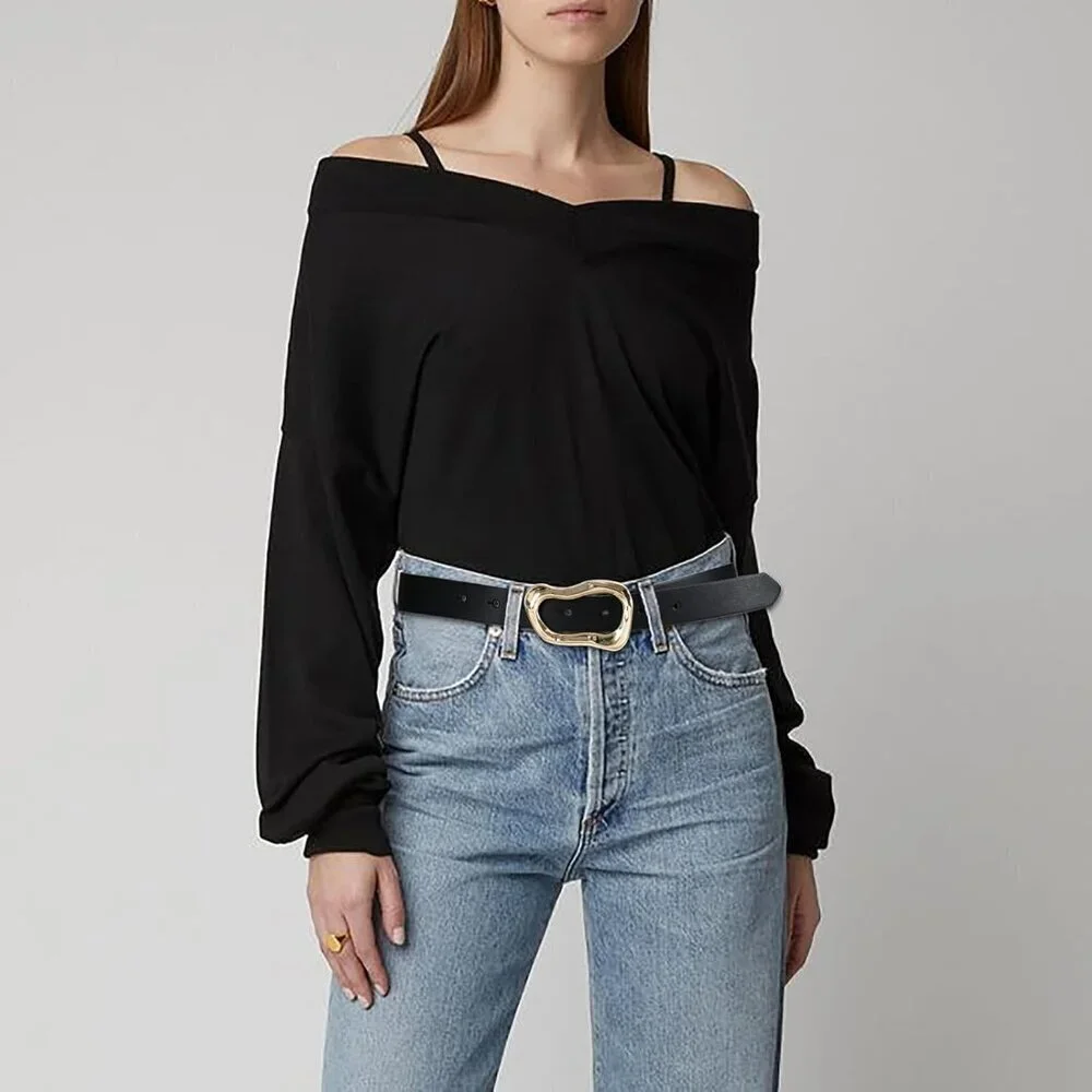 Women's Black Stylish Gold Buckle Fashion Leather Waist Belt Perfect For Jeans